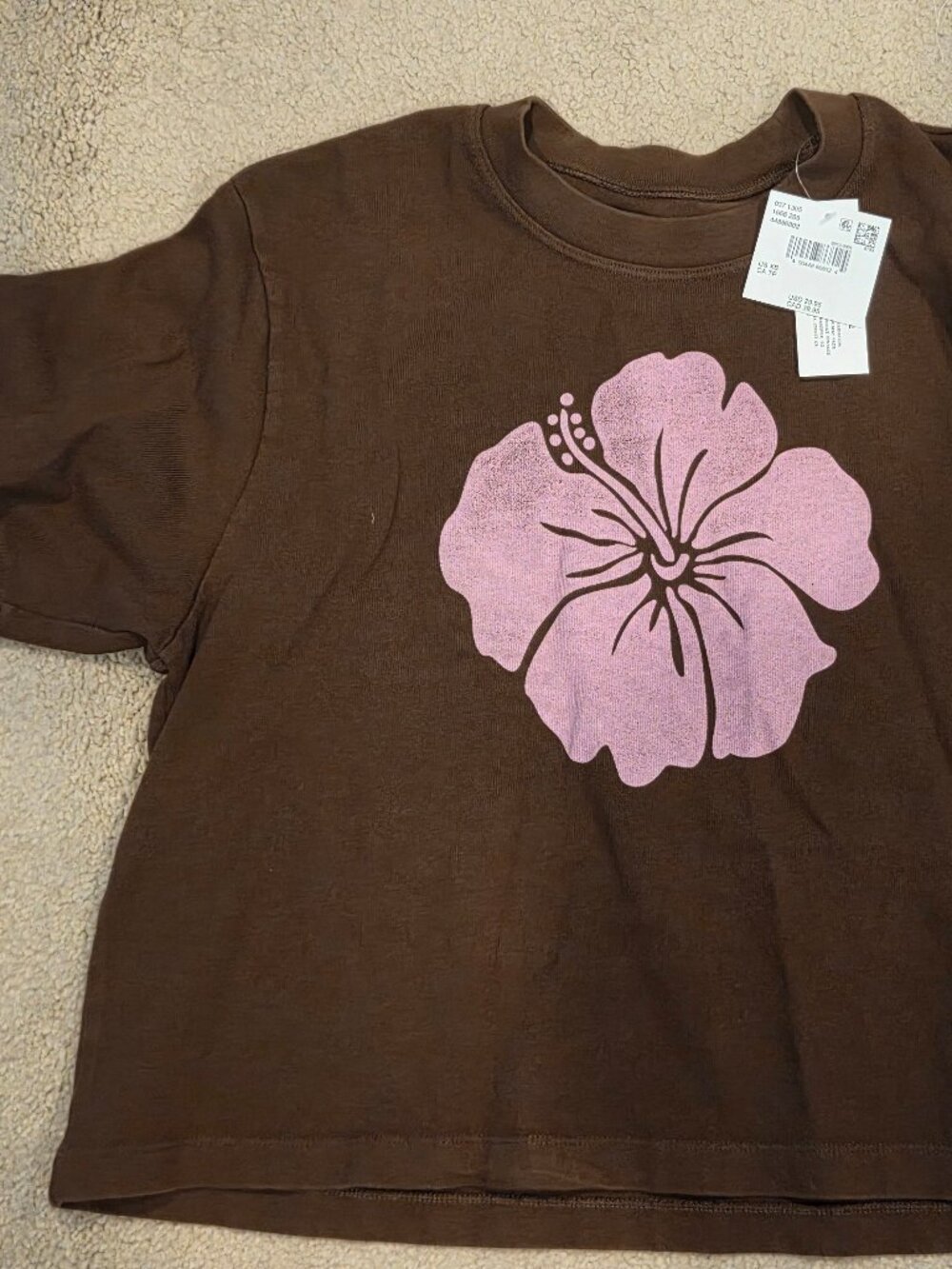 American Eagle NWT Hibiscus Brown Pink Floral Print Short Sleeve Sweater Tee XS